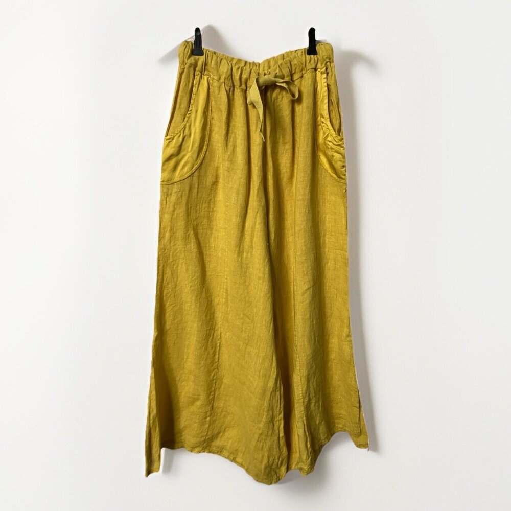 Wide Leg Drawstring Linen Pants - Mustard Yellow